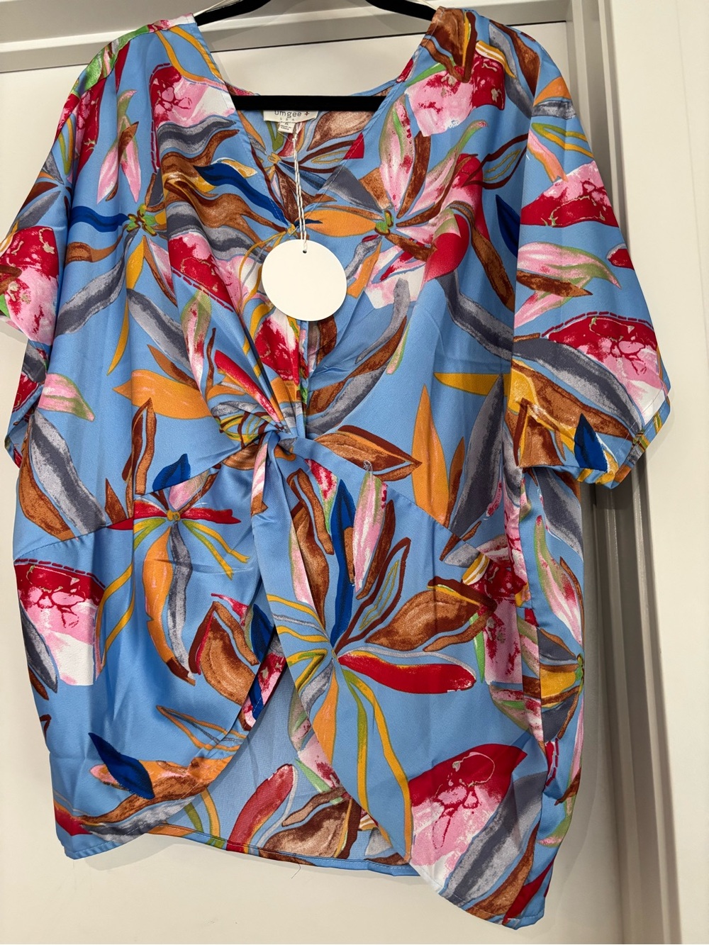 Bright Blue Floral Tie-Front illusion Blouse